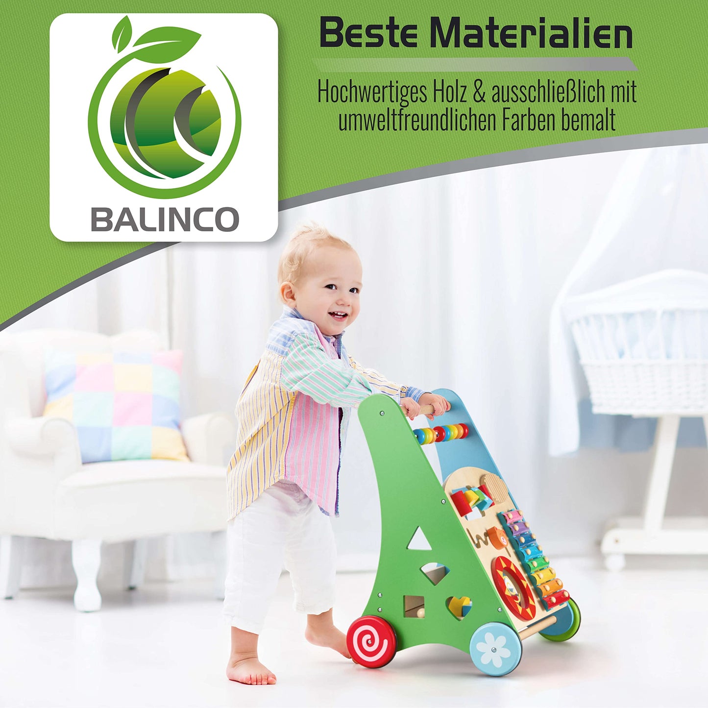 Balinco - Wooden Baby Walker 3-in-1 from 6 months - Walking aid with musical toys, learning functions & motor skills training - Walking aid with xylophone & shape sorting - Baby walker for girls & boys.