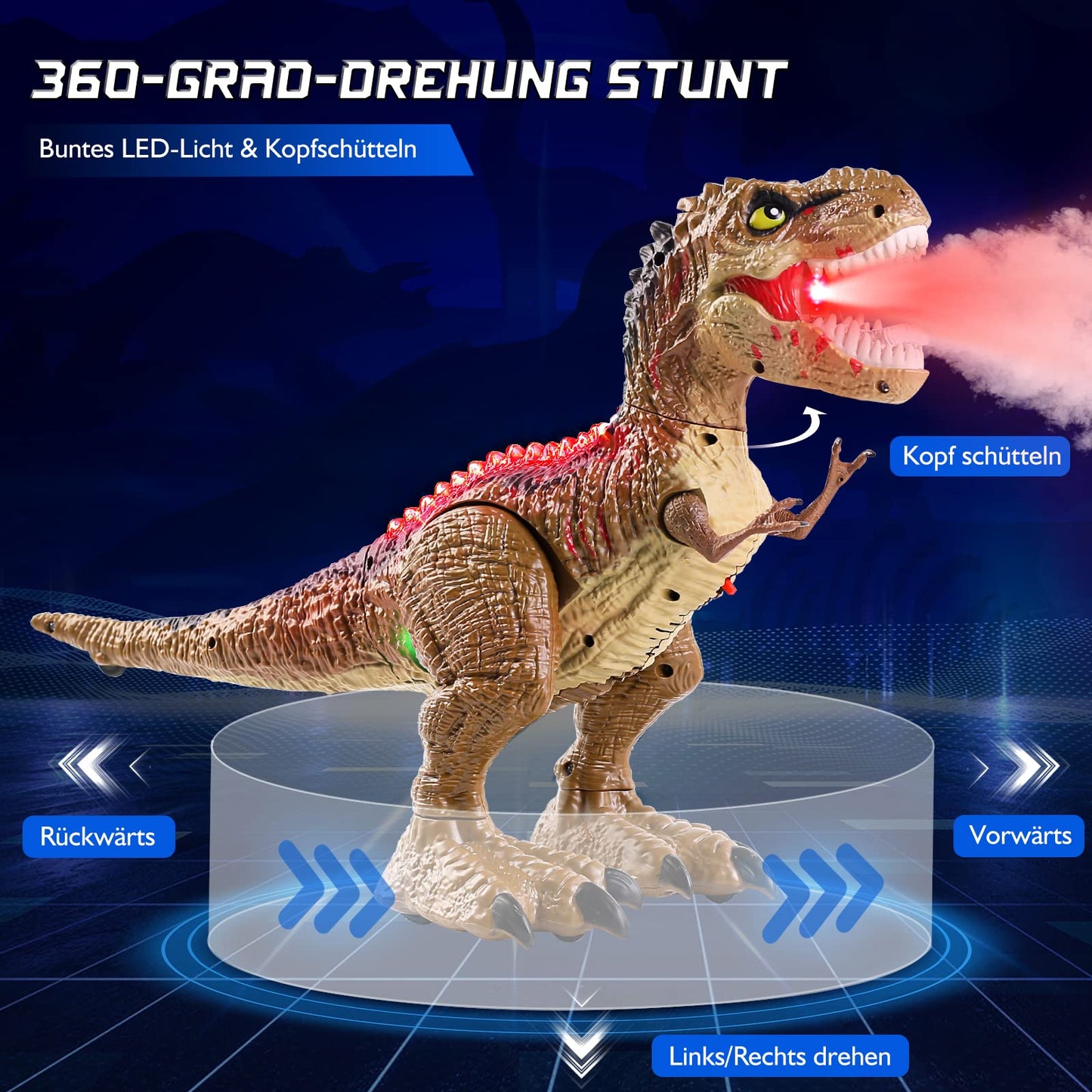 BAZOVE 2.4GHz remote control dinosaur toy with 360° spin stunt, spraying function, roaring, and LED light, electronic T-Rex dino toy gift for boys girls 3+ years old.