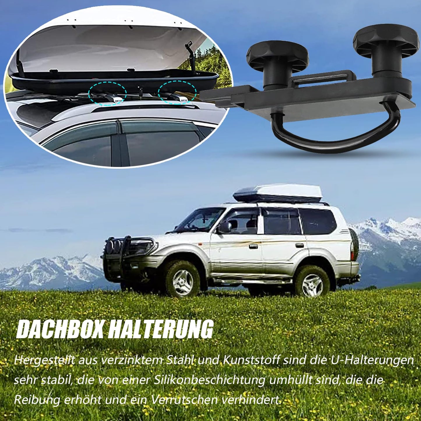 4 sentence roof box mounting U-bolts, universal car van mounting fitting kit, U-bolt clamps 85mm inner width installation accessory set with 8 locking nuts and 2 straps round adhesive stickers