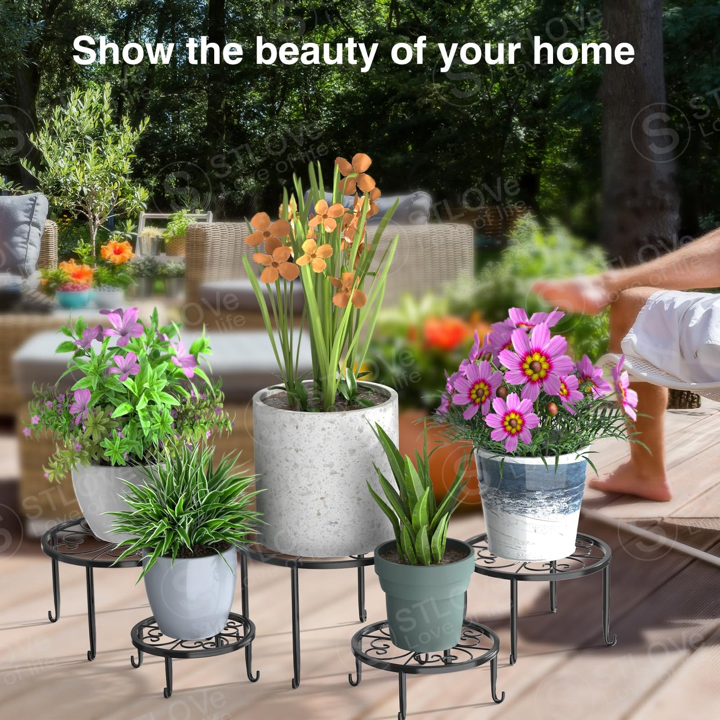 STLOVeĀ® flower stand, 5 piece plant stand metal, black flower pot stand, drink dispenser stand, balcony short stand for garden home decor- various heights