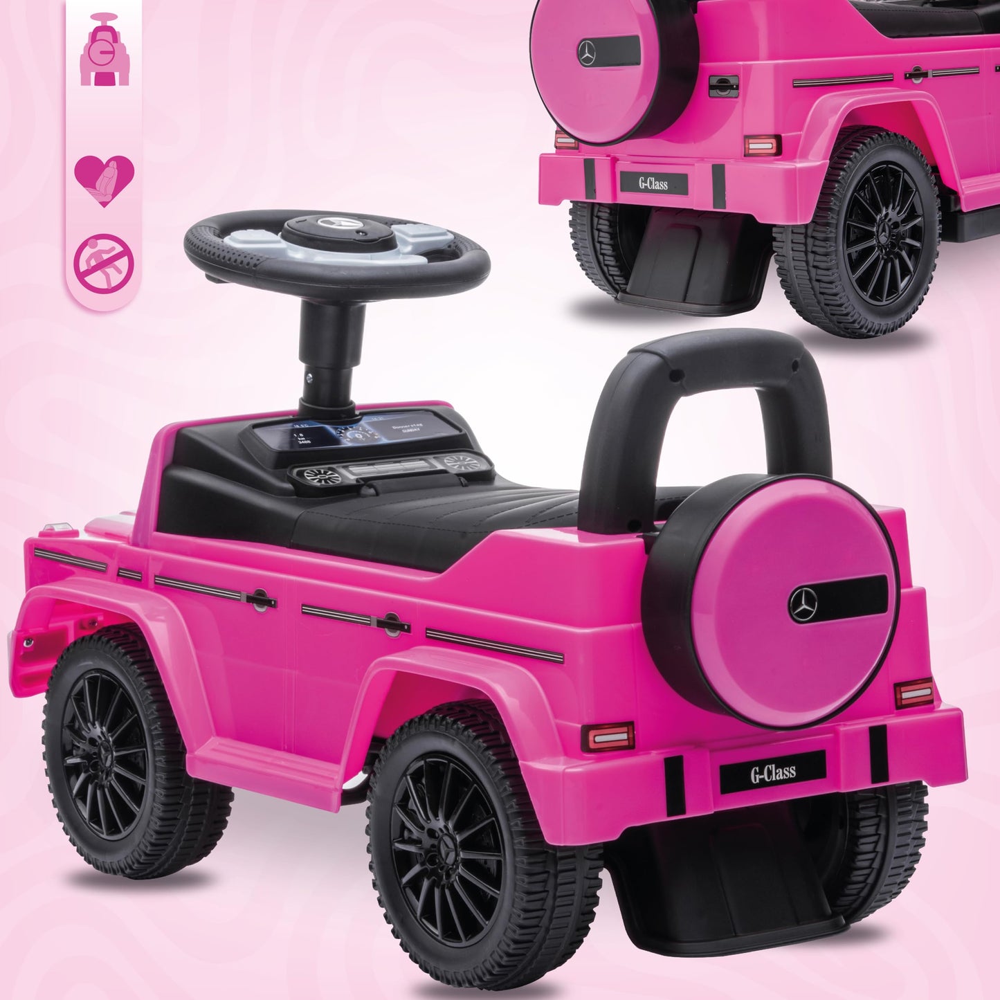 Slide car for 1 year old, Mercedes in red, blue, white, black, kids car, baby car, walker with horn and engine sounds (Pink)