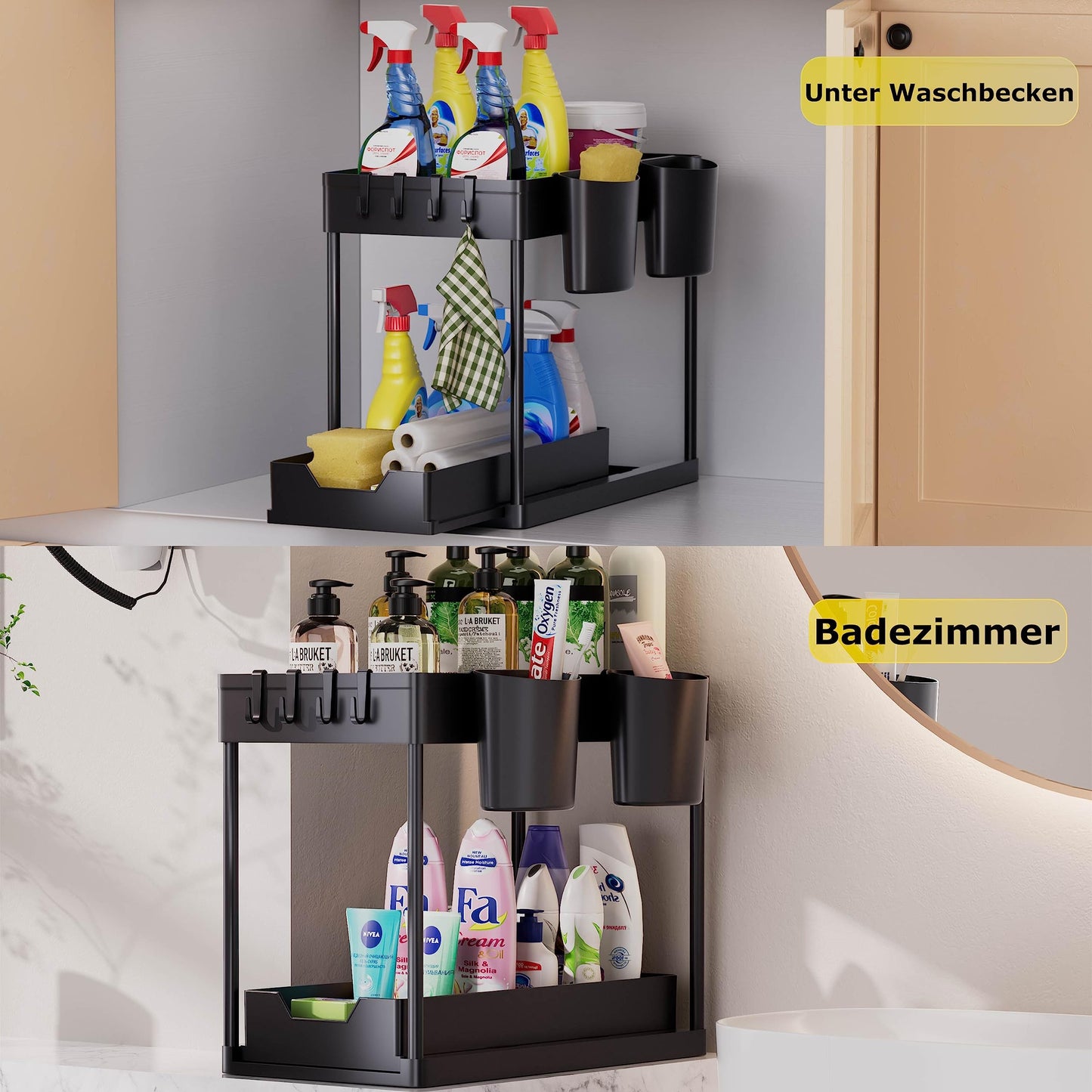 AIXPI Kitchen Organizer 2 Tiers, Under Sink Shelf with Hooks and Cup Spice Rack Sink Cabinet Organizer Kitchen Shelf Cabinet Organizer for Bathroom Kitchen Black 2 Set