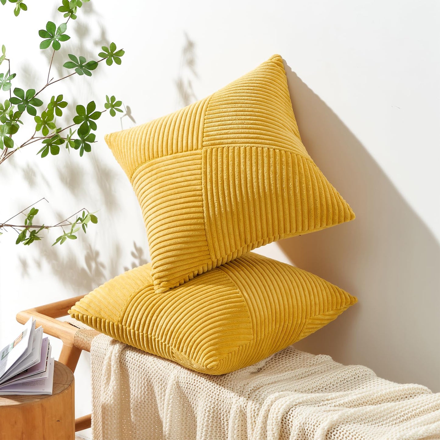 Topfinel Pillow Cover 24x24 Yellow Corduroy 2-Pack Windmill Striped Pillowcases Cushion Cover Decorative Throw Pillow Case Patchwork Design for Living Room Bedroom Couch