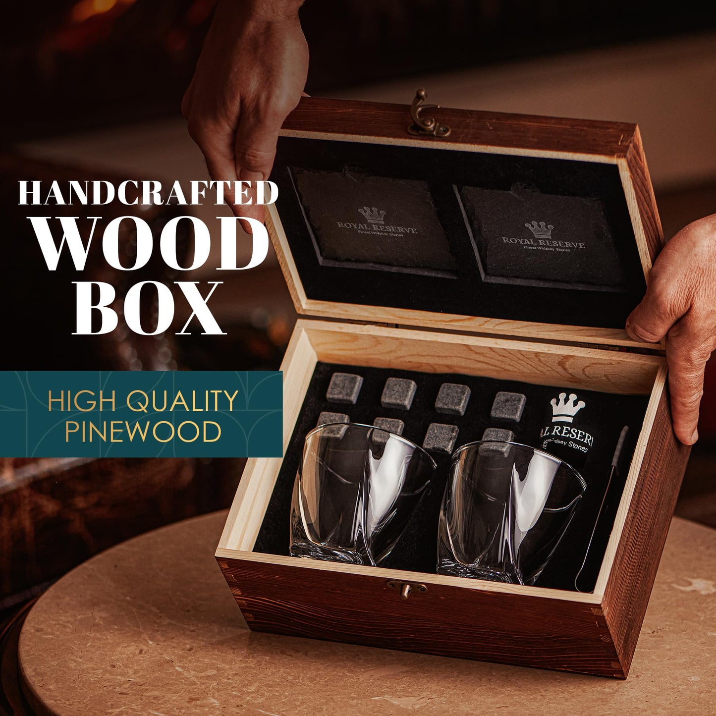 Whiskey gift set – Whiskey glasses, stones, ice tongs, coasters, wooden chest, velvet pouch, history and recipe cards – accessory set, gift for men, husband by Royal Reserve.