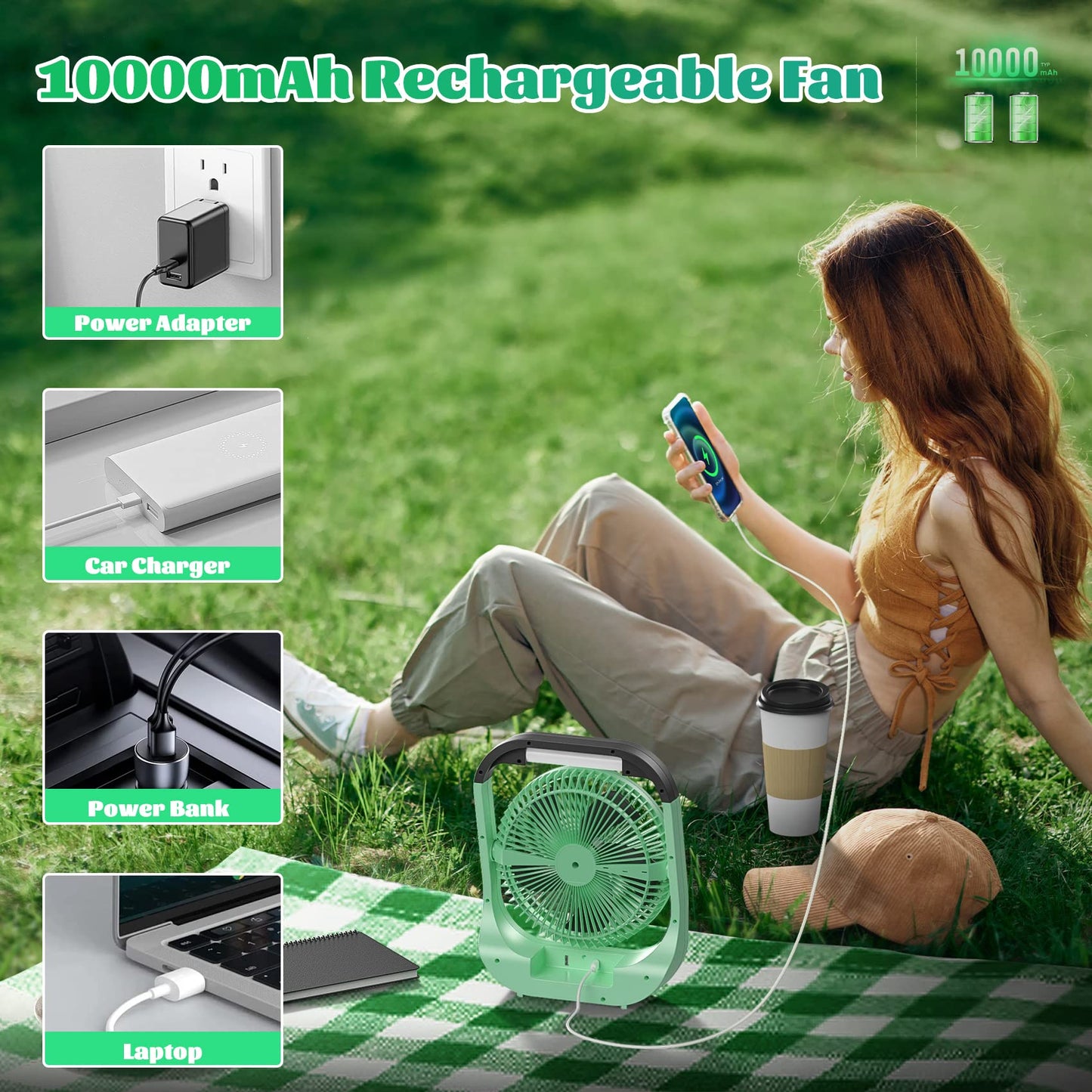 ATEngeus USB Fan, 10000mAh Battery Fan, 4-Speed Table Fan, 8" Camping Fan, 180° Rotation, LED Light, Timer, Portable Fan for Camping, Travel.