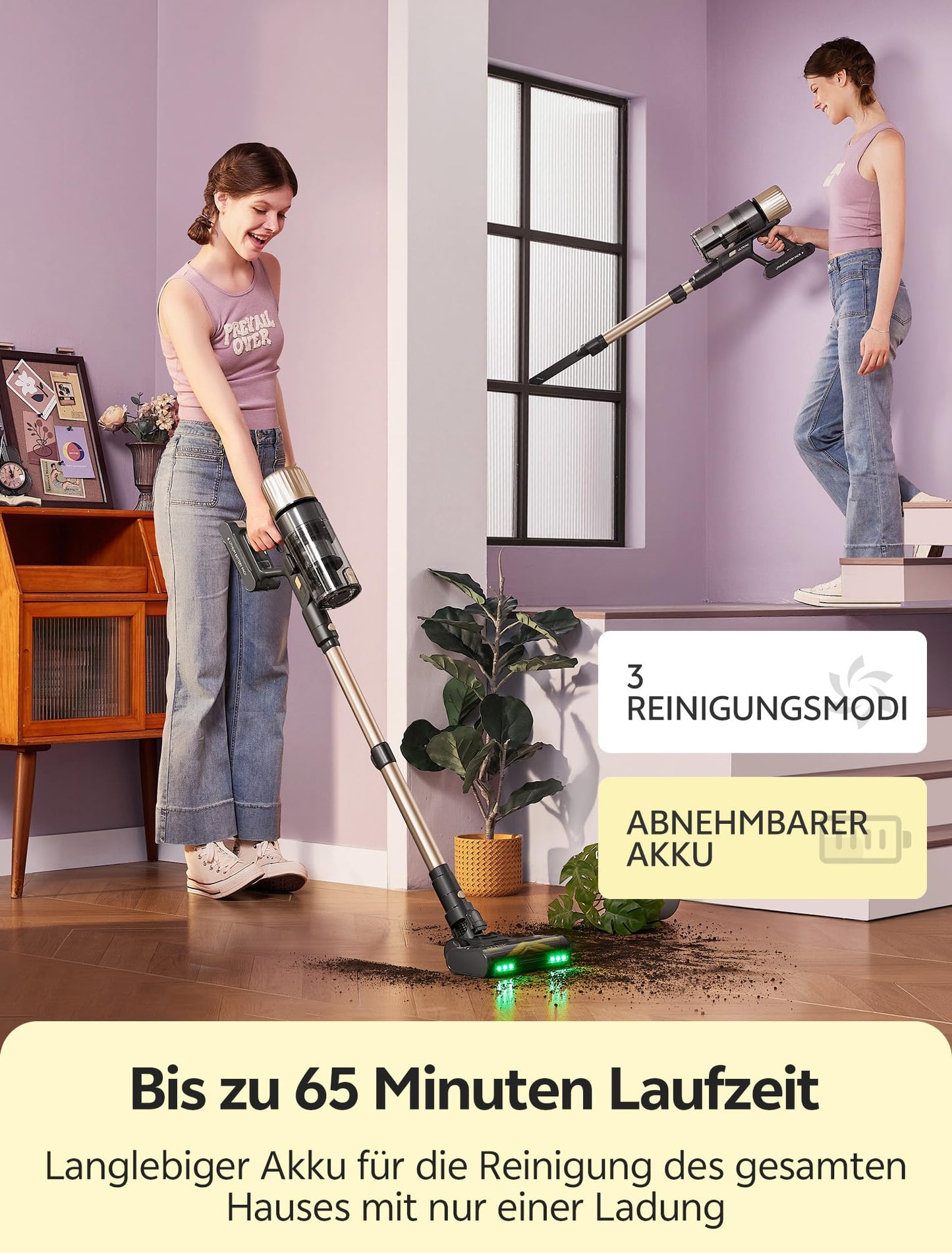 Ultenic U15 cordless vacuum cleaner, 50000Pa/ 580W/ 65min runtime, with GreenEye technology, anti-tangle brush, telescopic tube & freestanding design. Ideal for carpets, hard floors & pet hair.