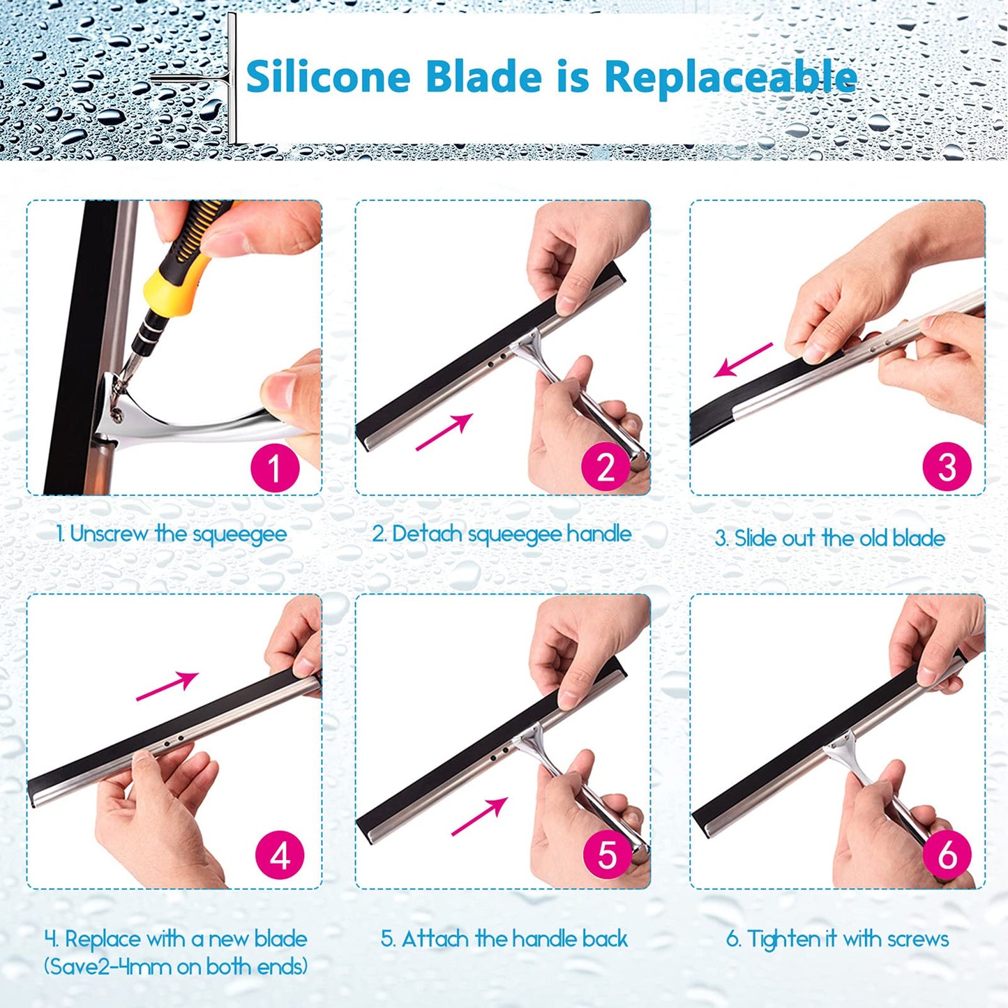 Love-KANKEI Shower Squeegee Window Squeegee with Rubber Blade Including 1 Replacement Blade and 1 Hook (28cm)
