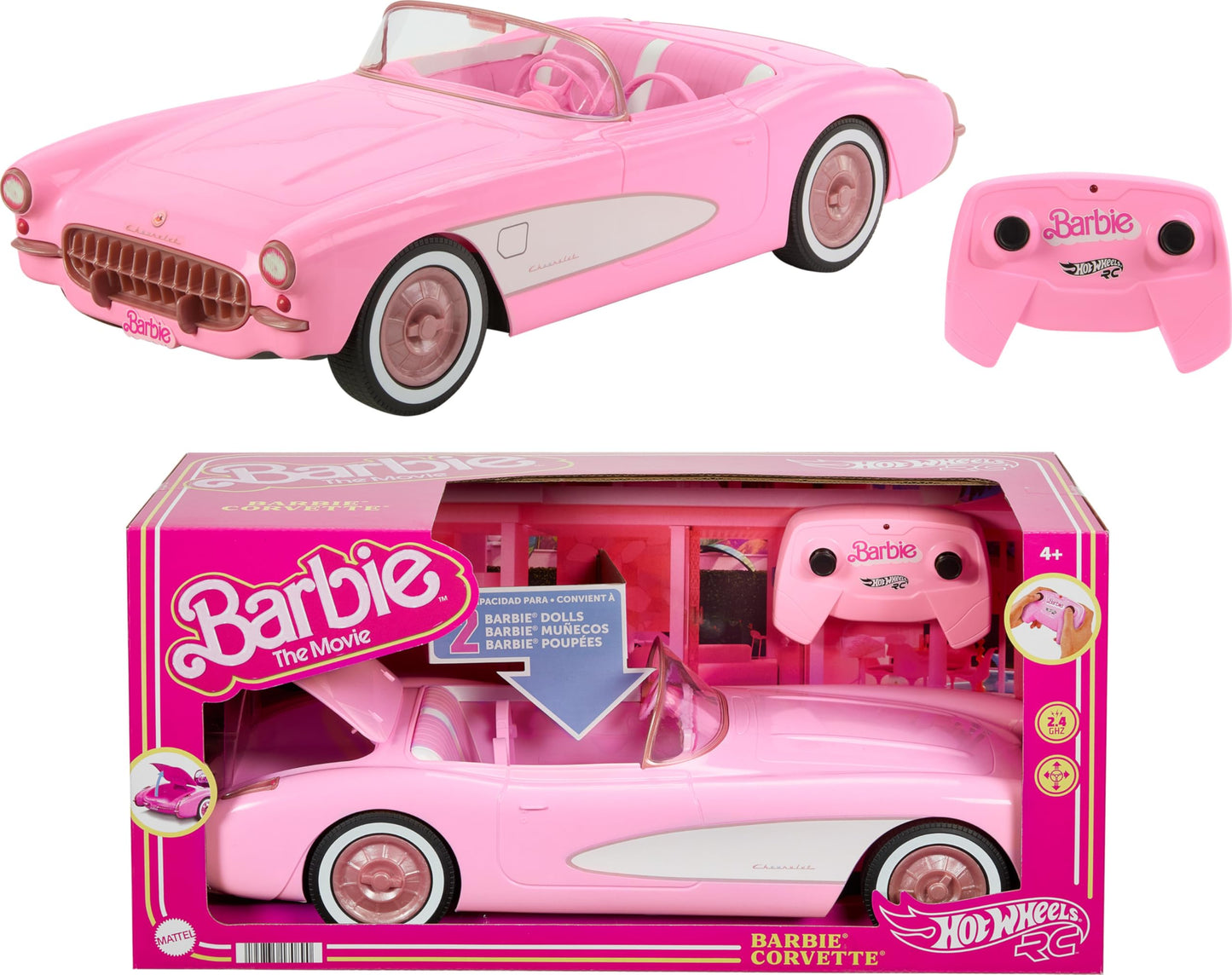 Hot Wheels Remote Control Car, R/C Barbie Corvette - remote controlled vehicle, 1956 Corvette Stingray, 2.4 GHz frequency, up to 8 km/h speed, fits 2 Barbie dolls, HPW40