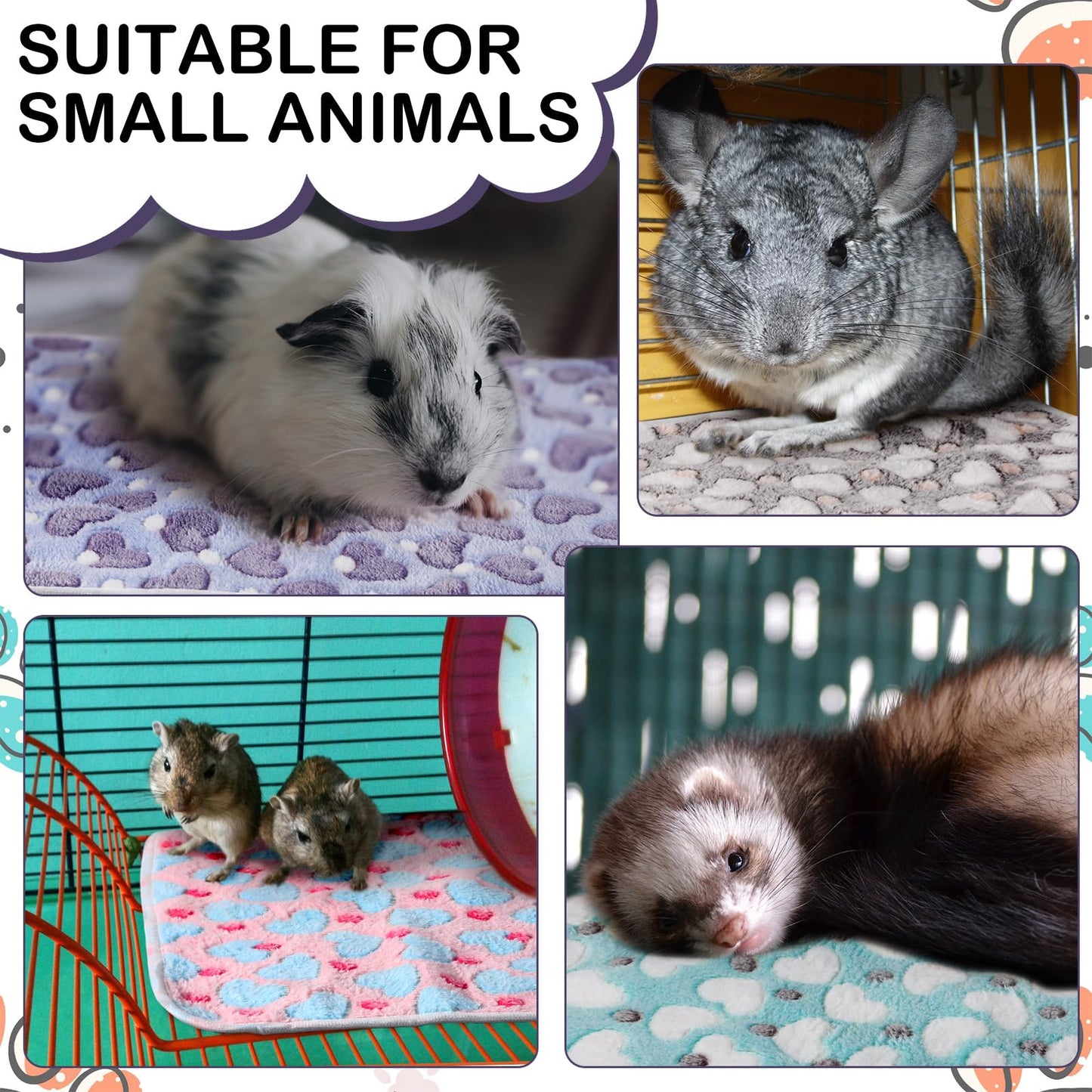 Namalu 4 Waterproof Guinea Pig Fleece Blankets Small Washable Dog Blanket Absorbent Guinea Pig Cage Liners Reusable PIPI Pads Sleep Cuddle Blanket (Heart Pattern, 60 x 40 cm)