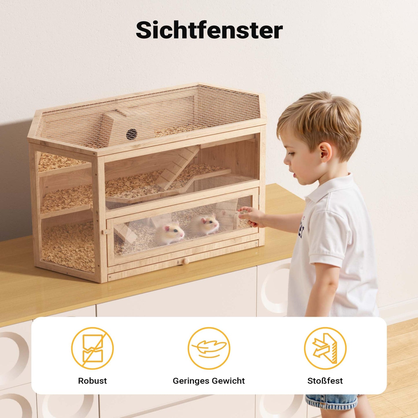 Wiltec XXL 3 level rodent cage, hexagonal, 1150 x 600 x 580 mm, made of wood, with foldable lid & viewing window, small animal house mouse cage hamster cage