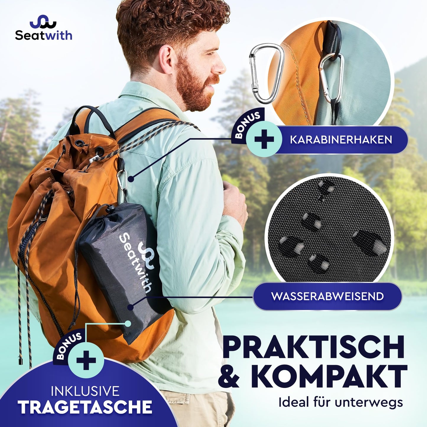 4-piece set of outdoor seat mats/foldable insulated seat cushions with carrying bag and carabiner clips for easy attachment to backpack maximum protection against cold, wetness & dirt + outdoor E-Book