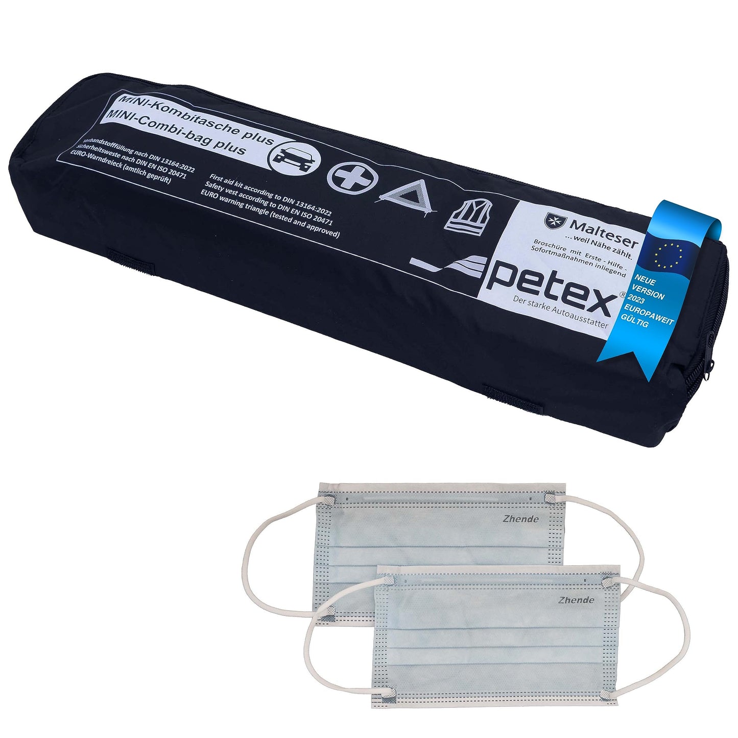 PETEX combination bag PLUS content according to DIN 13164:2022 with reflective vest and warning triangle, black