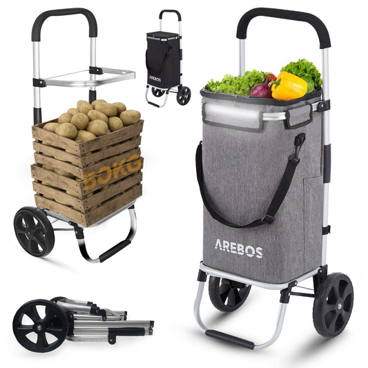 Arebos 3in1 shopping trolley | Large 56 liter cart | Shopping bag with cooler compartment | Bag with wheels | Folding shopper | Foldable bag removable | Shopping roller, hand cart | Gray