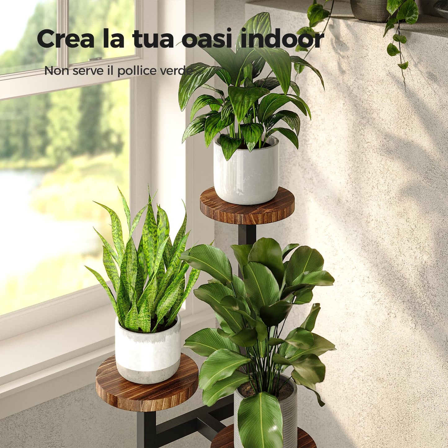 Bamworld flower stand wood plant stand plant shelf indoor flower shelf small metal flower stand for patio, garden, balcony, living room, bedroom (3 tiers)