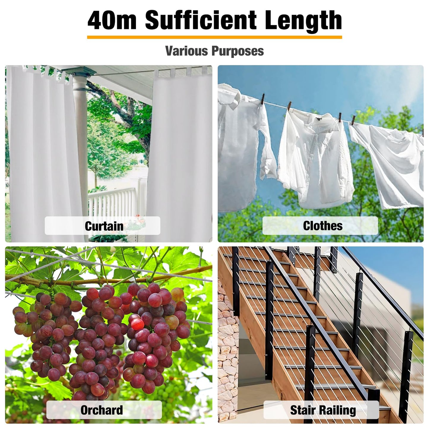 40m 2mm wire rope, CGBOOM 304 stainless steel wire rope tensioner, steel wire coated, with eyelets cable tensioning set, for climbing plants trellis, clothesline, curtain wire, lights, deck cable railing