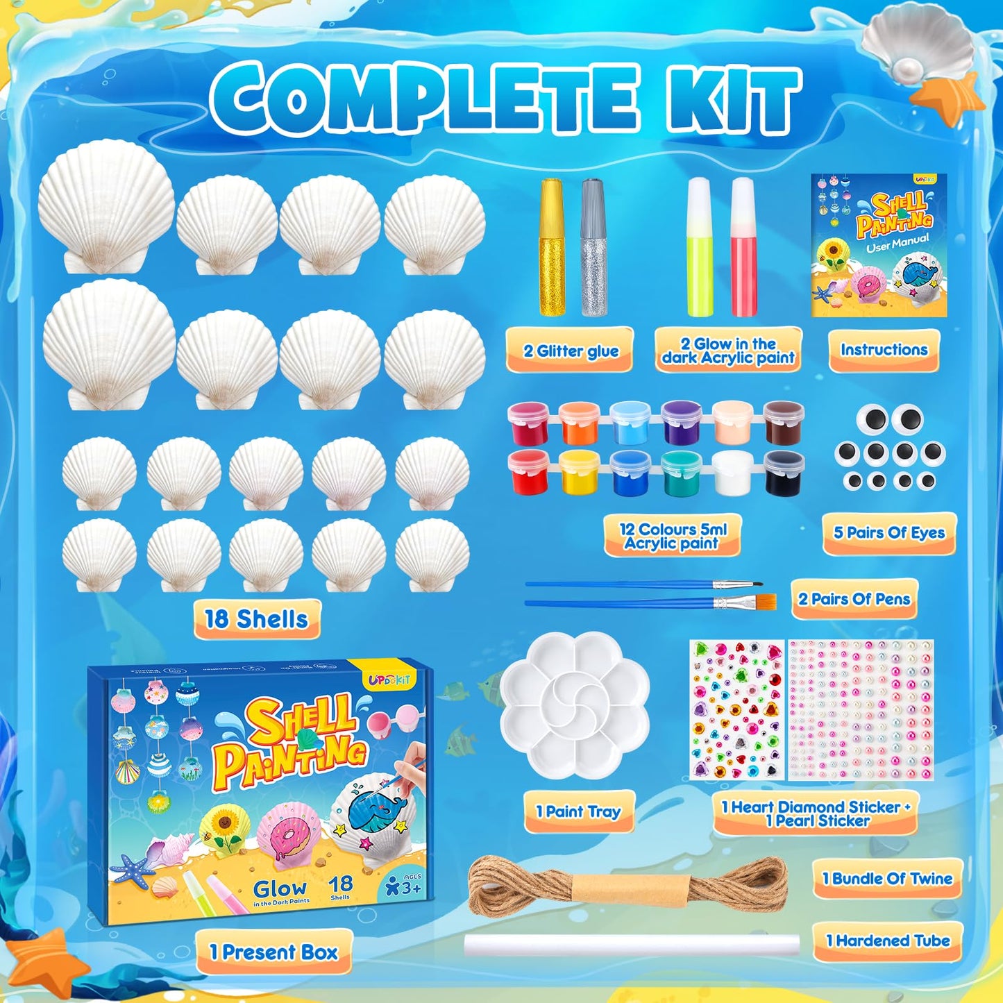 UPDOKIT Shell Painting Kids Set, children's birthday crafting, Christmas DIY Crafting Painting Toy craft set for kids aged 4 5 6 7 8 9 10 11 12 years old Girls Boys, Wind Chime Accessories
