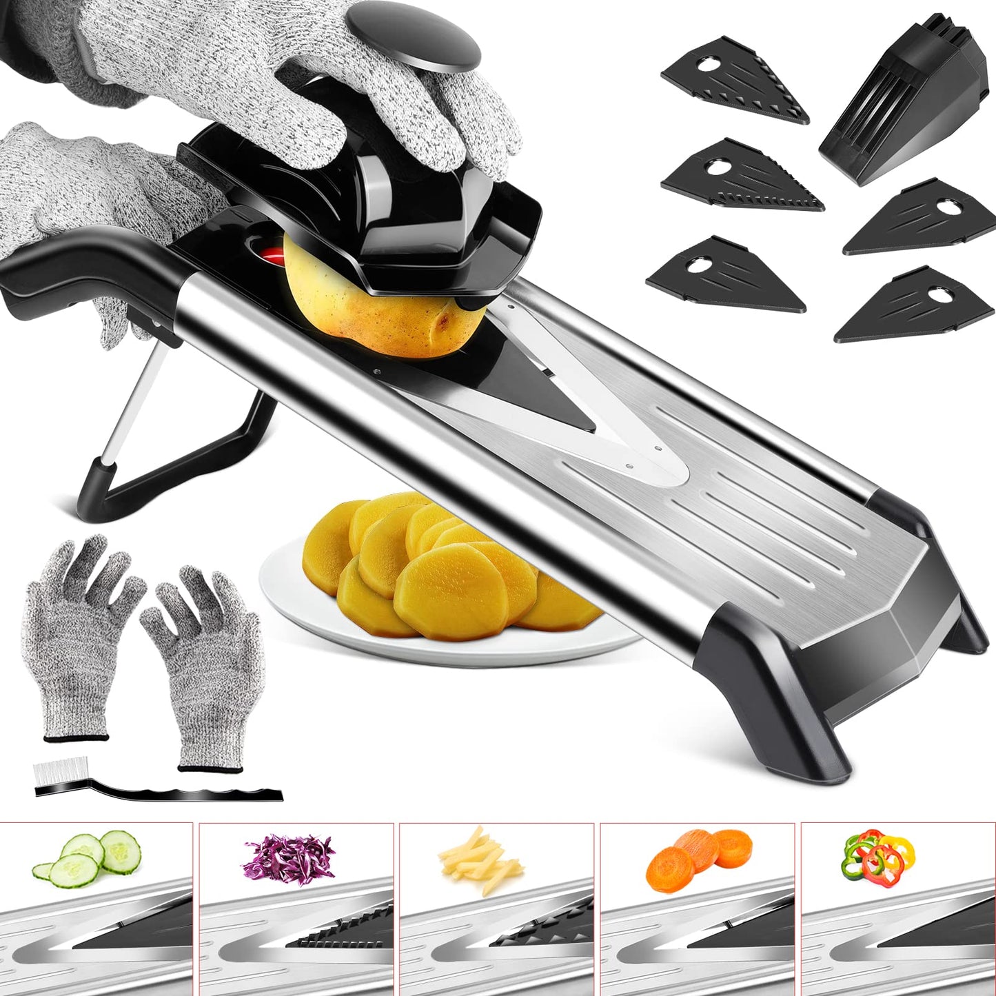 MASTERTOP Mandoline Vegetable Slicer with V-Blade, 5 in 1 Vegetable Cutter Vegetable Grater Stainless Steel, Cucumber Slicer Thin Slices, Adjustable V-Slicer Kitchen Slicer Grater for Vegetables