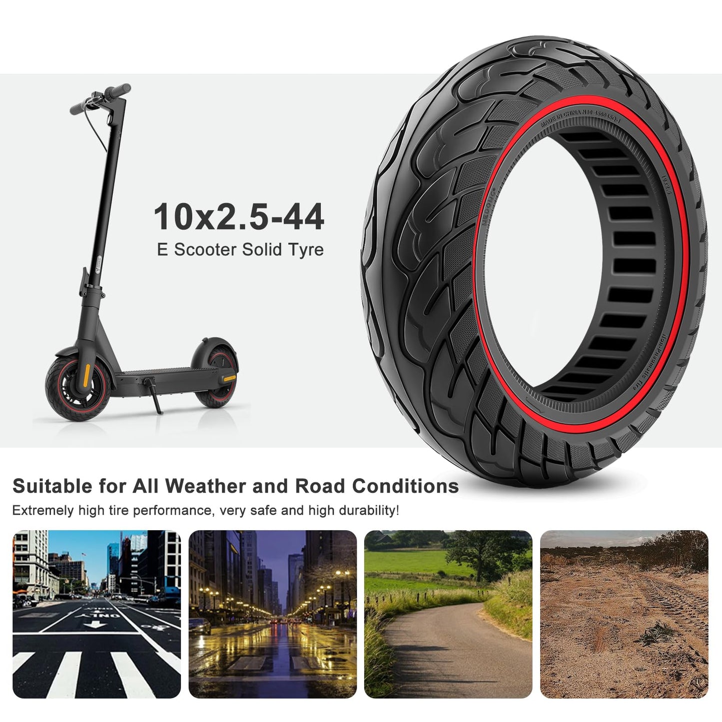 Amitor solid tires 10x2.5-6.5 for Ninebot MAX G30 G30P G30LP, 10 inch solid rubber scooter puncture-proof, E scooter Honeycomb 60/70-6.5 tires solid rubber anti-slip & wear-resistant (Slot 44), 2PCS