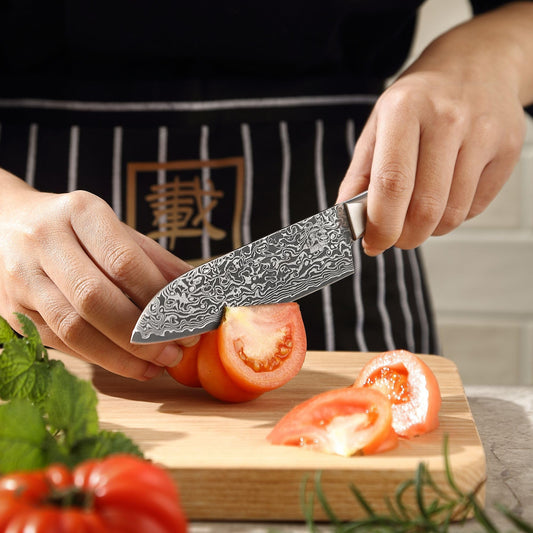 zayiko Black Edition Damascus knife small Santoku knife I 13 cm blade made of 67 layers of VG10 Damascus steel I Ergonomic Pakkawood handle I Premium kitchen knife for vegetables, meat & fruit I Gift box