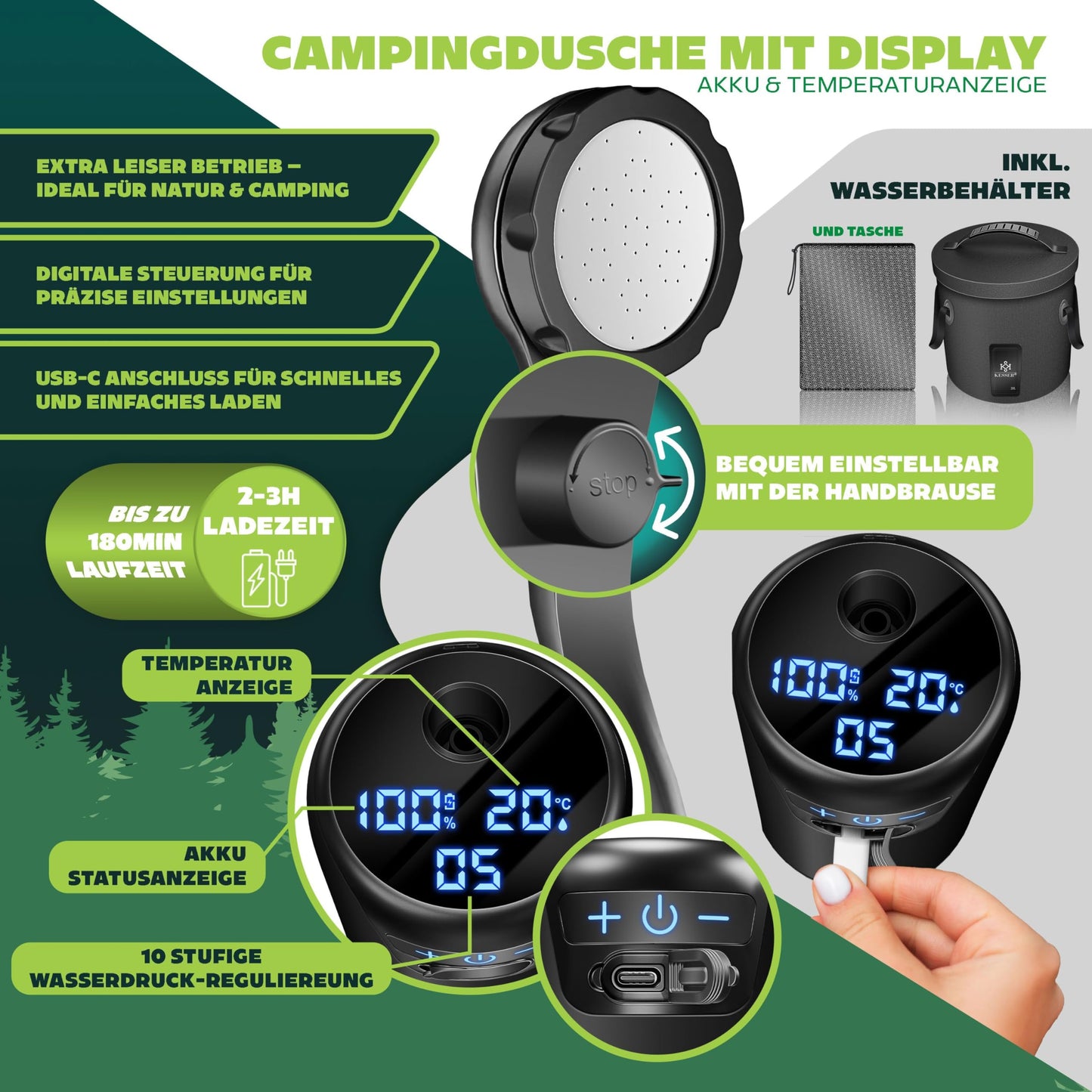 KESSER® Camping Shower Solar Shower with Pump & Rechargeable Battery 8000mAh Portable Shower | Camping Shower Set including adjustable Shower Head, 2m Hose, Spray Gun, Holder & 20L Water Tank