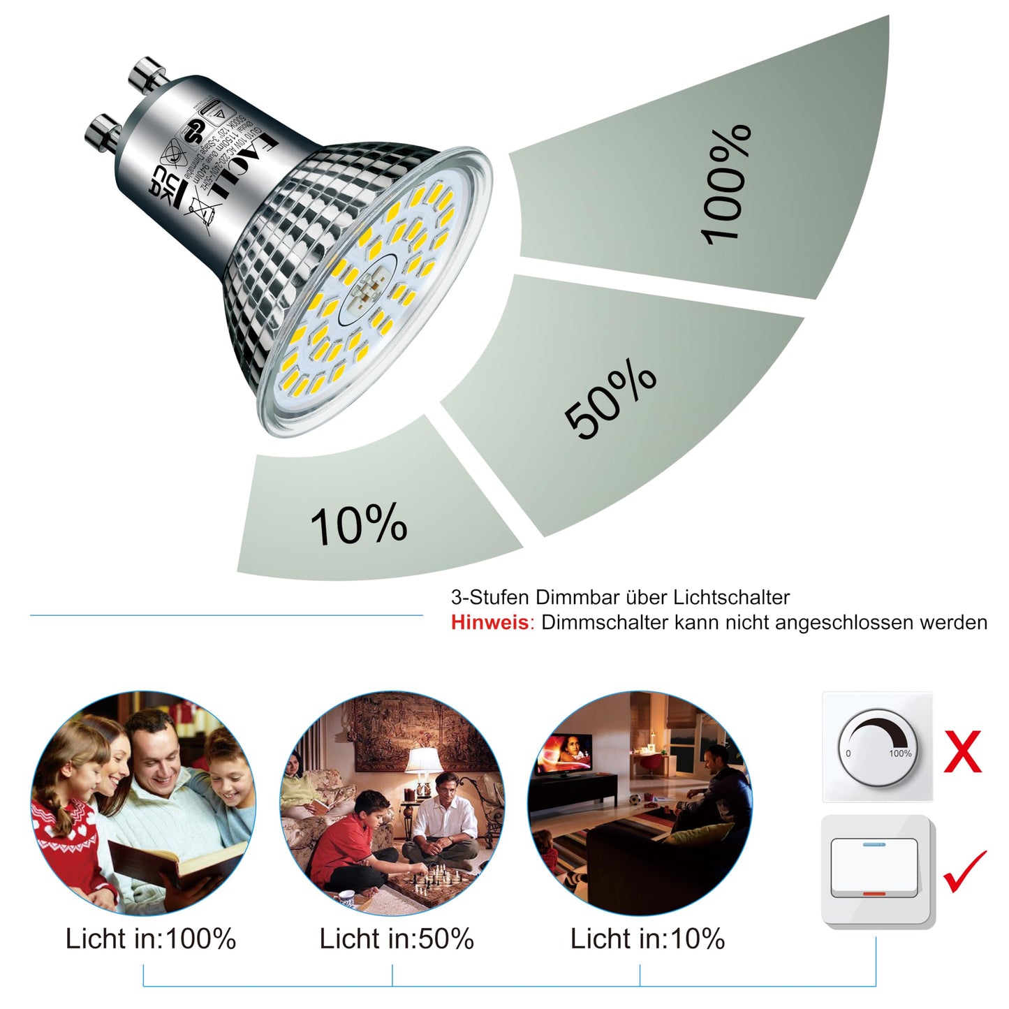 EACLL GU10 LED 5000K 10W 3-Stage Dimmable via Light Switch, 6-Pack, Daylight White 1150 Lumens Replaces 125W, 3 Brightness Levels with Memory Function, 3-in-1 Flicker-free Spotlight Bulb, Dimming without Dimmer.