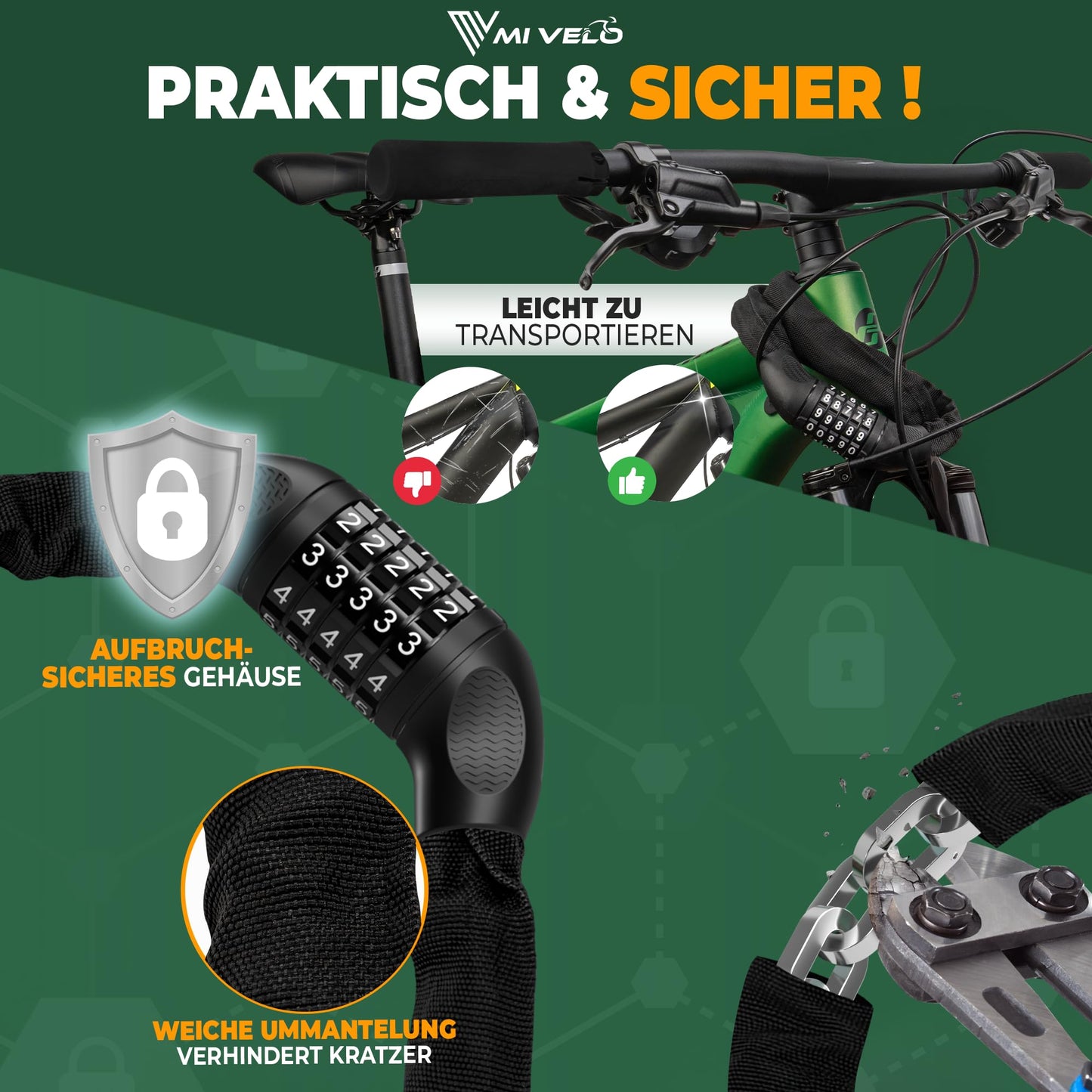 MIVELO bike lock chain lock high security - lock bike I bike lock extra secure & sturdy with number code (individual PIN) 90cm