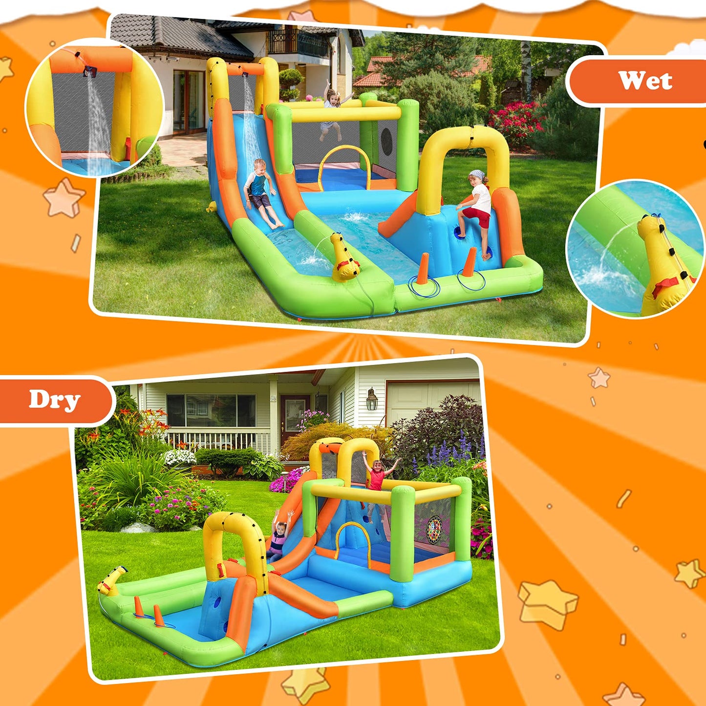 GOPLUS Inflatable Bounce House, Water Slide with 2 Splash Pools, 2 Slides, Climbing Wall, Water Cannon, Basketball Hoop, Toss Game & Target Balls, for 3-10 years, 503 × 290 × 216 cm (Without Blower)