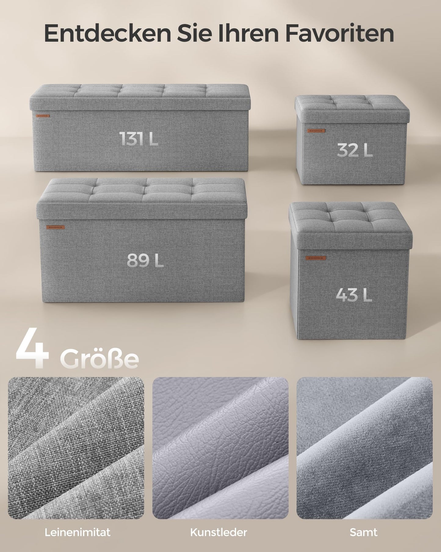 SONGMICS Storage Ottoman, Folding Bench, 38 x 110 x 38 cm Footrest, Storage Box, holds up to 300 kg, for Living Room Bedroom Hallway, Grey LSF77G