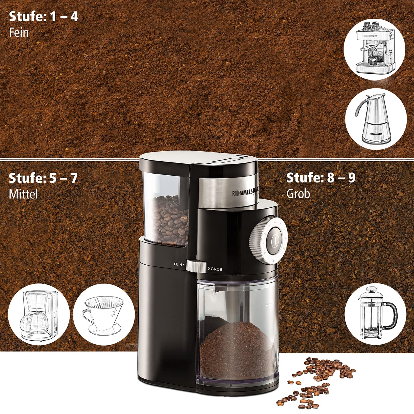 ROMMELSBACHER coffee grinder EKM 200 - gentle grinding with disc grinder, adjustable grind level from coarse to fine, 2-12 cups, 250g bean container capacity, 110 watts, black