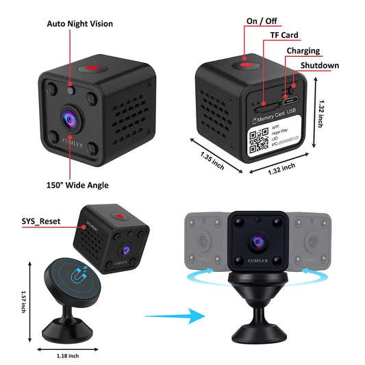 4K mini camera, CUSFLYX Cloud WIFI portable surveillance camera, battery operated, motion detection, IR night vision, nanny pet home office garage, wide angle, easy installation TF card recording.