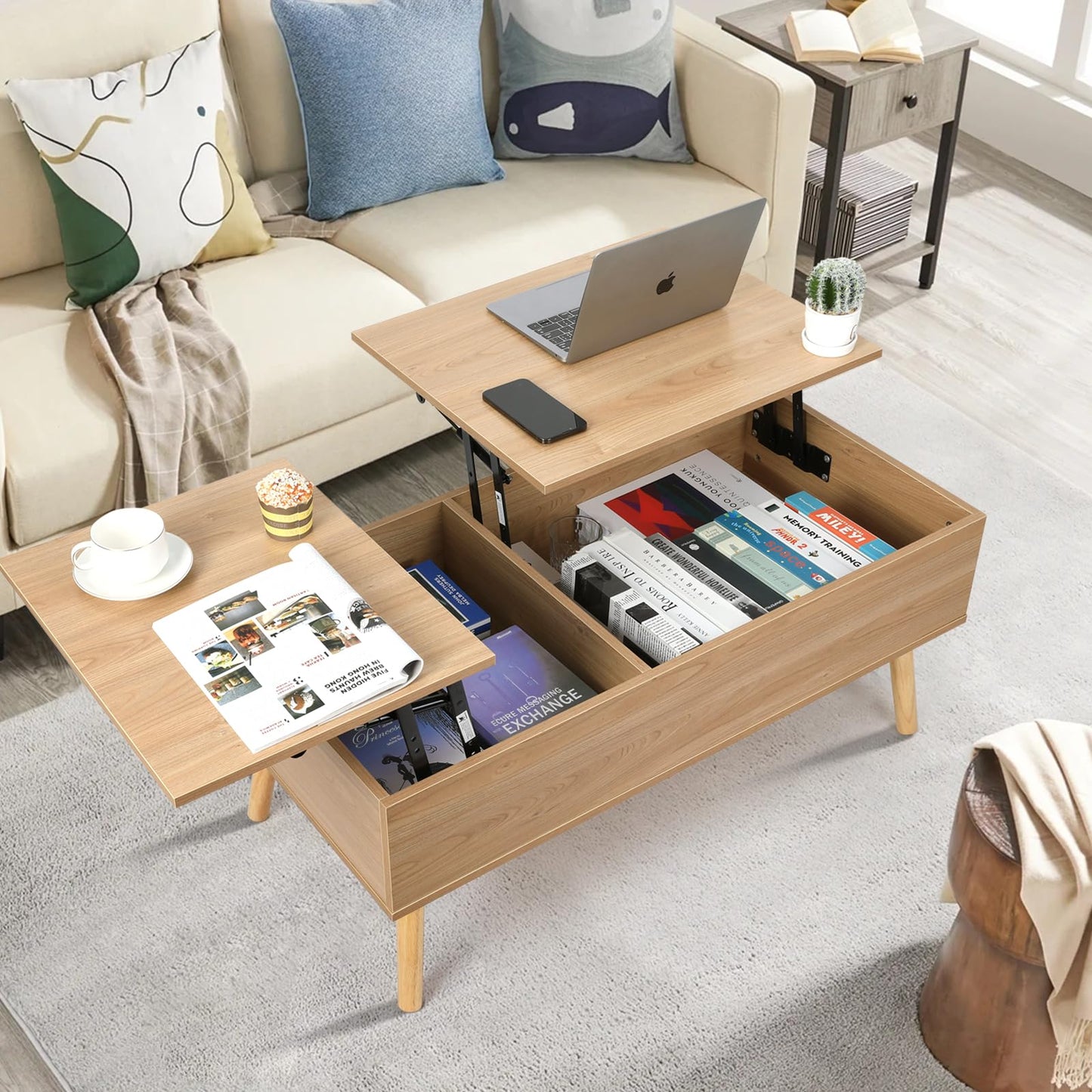 VOWNER coffee table, height adjustable, extendable, retractable living room table, separate hidden storage compartment, double lifting plate, wood color.