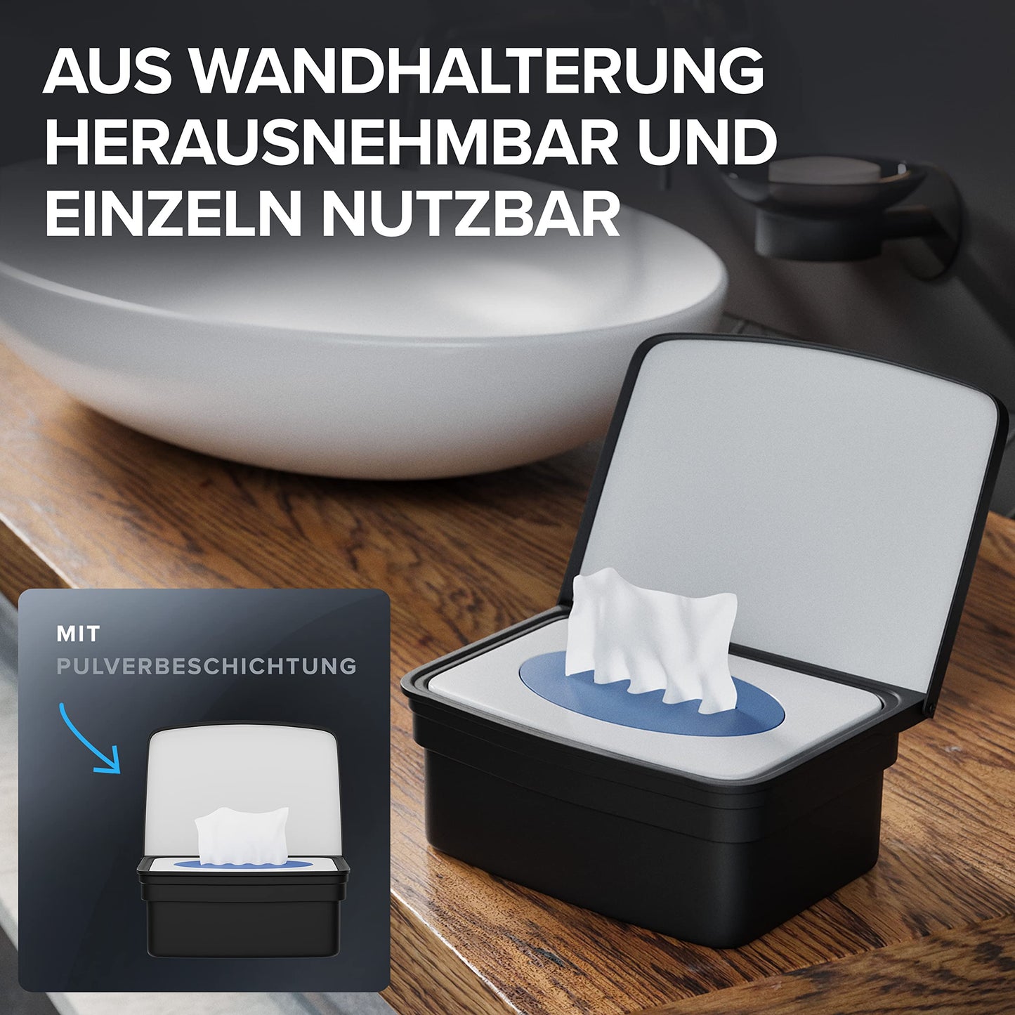 Ovimar moist wipes box with lid Malmoya | in elegant black powder-coated stainless steel | for drilling | So that cosmetics wipes always stay fresh thanks to the moist wipes storage box.