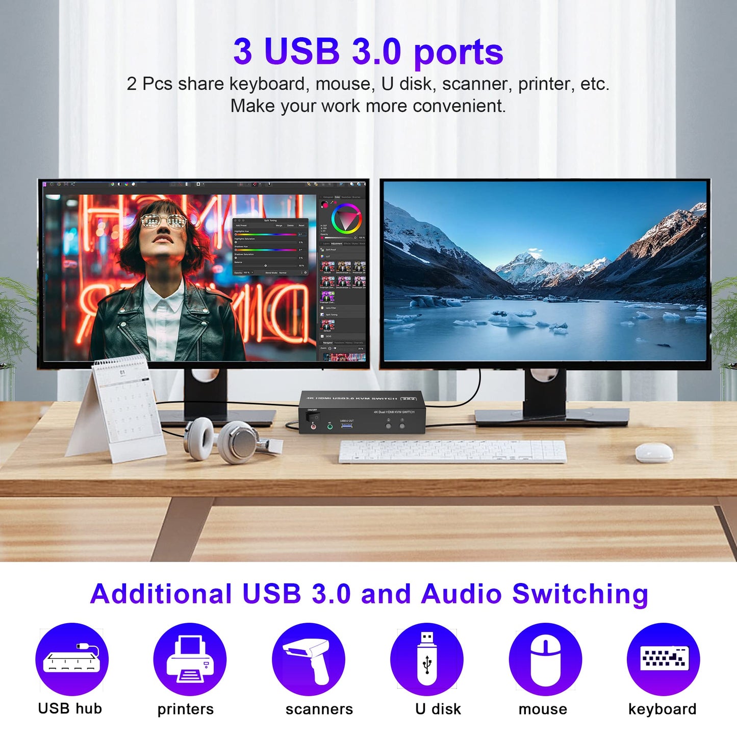 KVM Switch 2 PC 2 Monitors USB 3.0, 4K@60Hz HDMI KVM Switch 2 PC 2 Monitors with audio microphone output and 3 USB 3.0 Ports, PC Monitor Keyboard Mouse Switcher