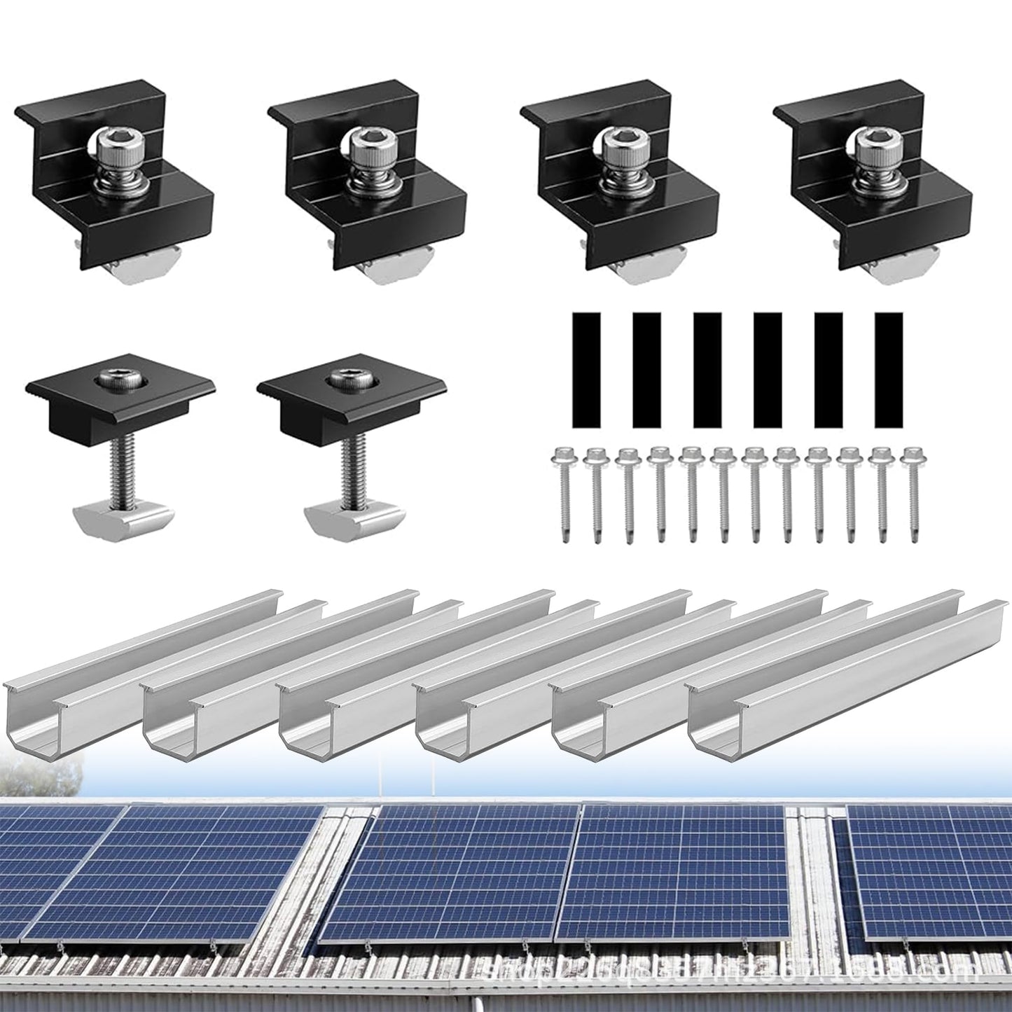 Solar panel mounting 2 module set: Photovoltaic PV mounts with 12cm aluminum rails and adjustable clamp for 30-35mm thick modules for flat roof trapezoidal sheet metal tile roof.