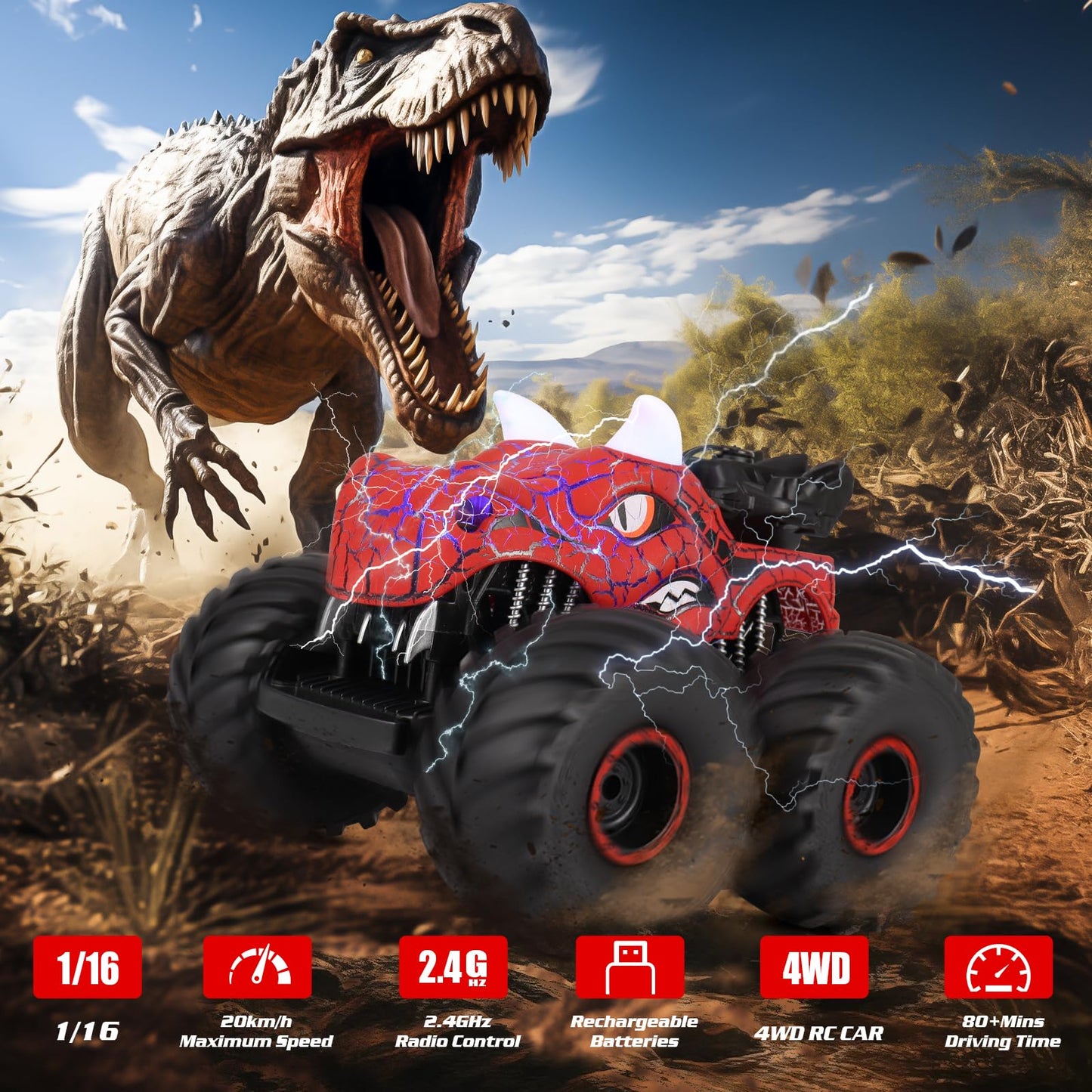 Monster Dinosaur Truck 2.4 GHz Remote Control Brother Car with Light and Sound, Spraying All Terrain Toy Car Gift for Kids 3+ years old.
