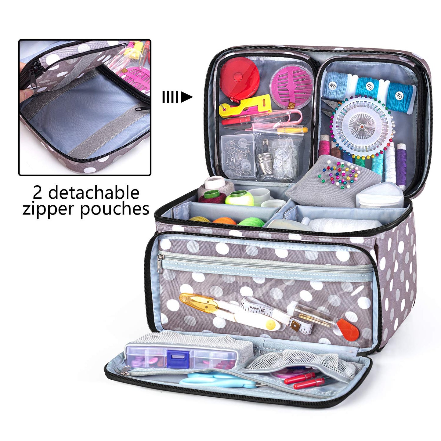 Luxja Sewing Accessories Bag, Sewing Kit Storage Bag, Yarn Bag for Wool, Sewing Tool Tote for Beginners, Travelers, Sewing Classes, Gray Dot