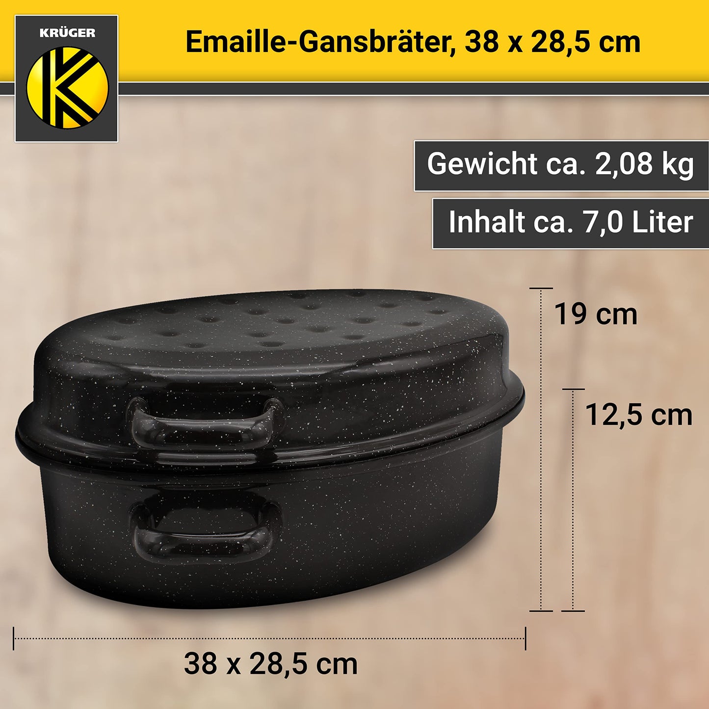 Krüger enameled goose roaster with drip lid - high-quality roaster - suitable for all stove types - excellent for roasts and poultry (enamel - black-white speckled (38 x 28.5 cm))