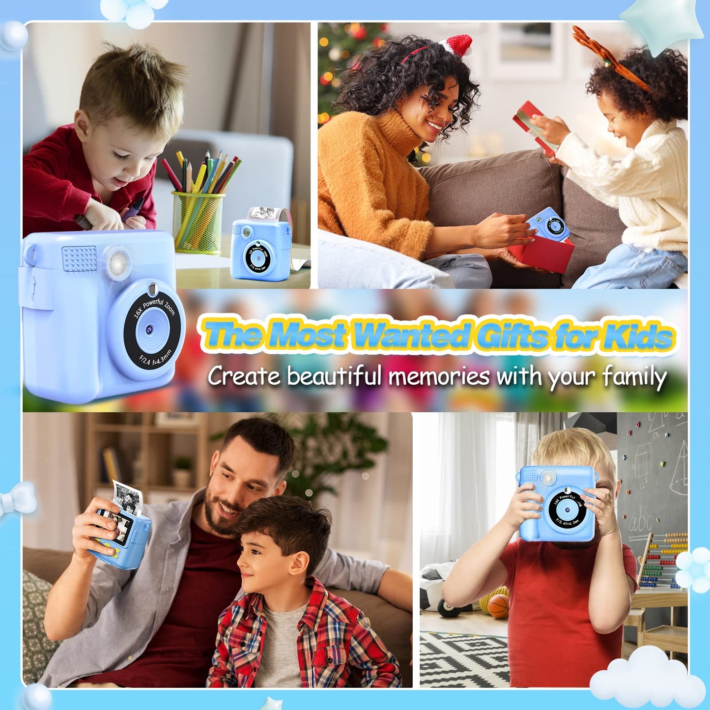 Children's Camera - Instant Camera Digital Camera Print 1080P - 16x Digital Zoom 2.4" Screen - 32GB Card - 3 Rolls of Printing Paper - with Storage Bag Christmas Gift for Children 3-12 Years old