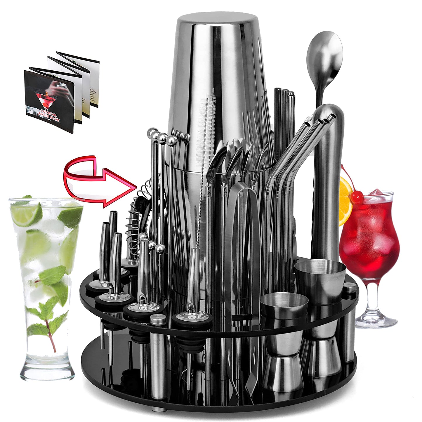 CKductpro Cocktail Set, 41-piece stainless steel Cocktail Shaker Set, 360° rotating acrylic stand, Bartender Set Bar Gift Set (41-Piece)