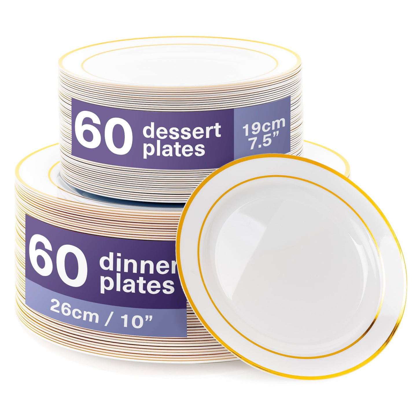 MATANA 120 Premium White Plastic Plates with Gold Rim, 2 Sizes - Unbreakable & Reusable Plastic Plates, Party Plates for Weddings, Birthdays, Parties - Elegant & Sturdy Party Tableware