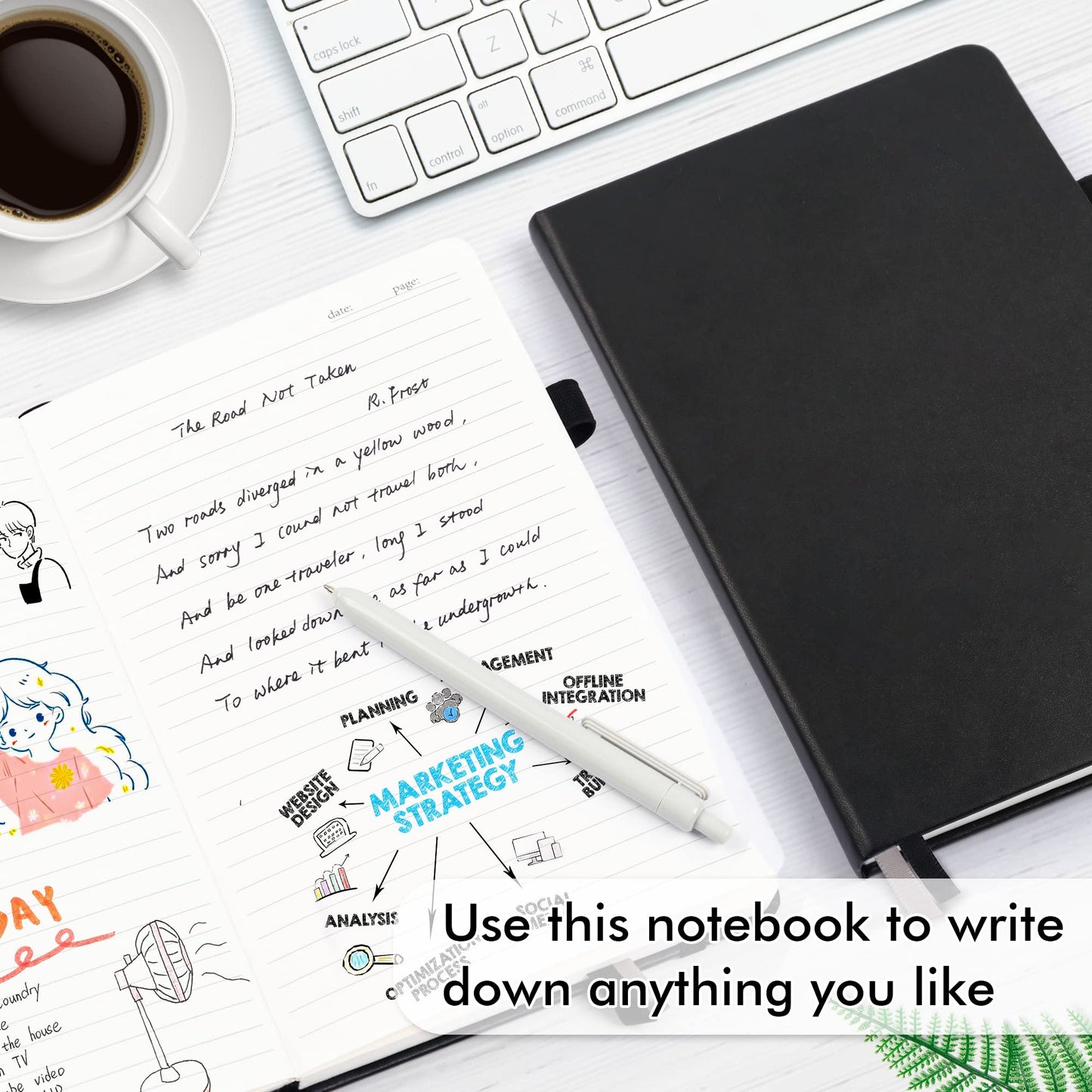 feela Notebook A5 lined, 3 black notebooks with 3 pens, DIN A5 Hardcover Notebooks, 120 g / m², 128 pages each, 64 sheets, diary, business notebook, notebook for men, women