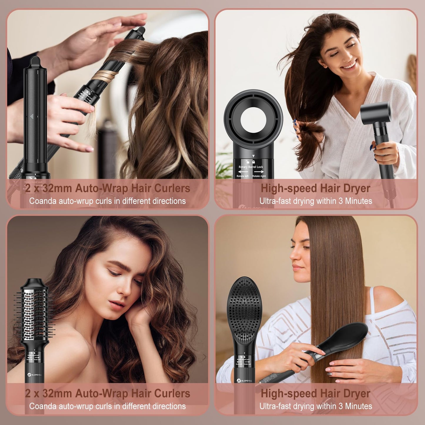 (OUTLET) Slopehill Airstyler 5 IN 1, 110,000 RPM High-Speed Ionic Hair Dryer for Quick Drying, Multi-Hair Styler with Automatic Air Curler, Hair Straightener Brush & Volumizing Brush (Dark Gray)