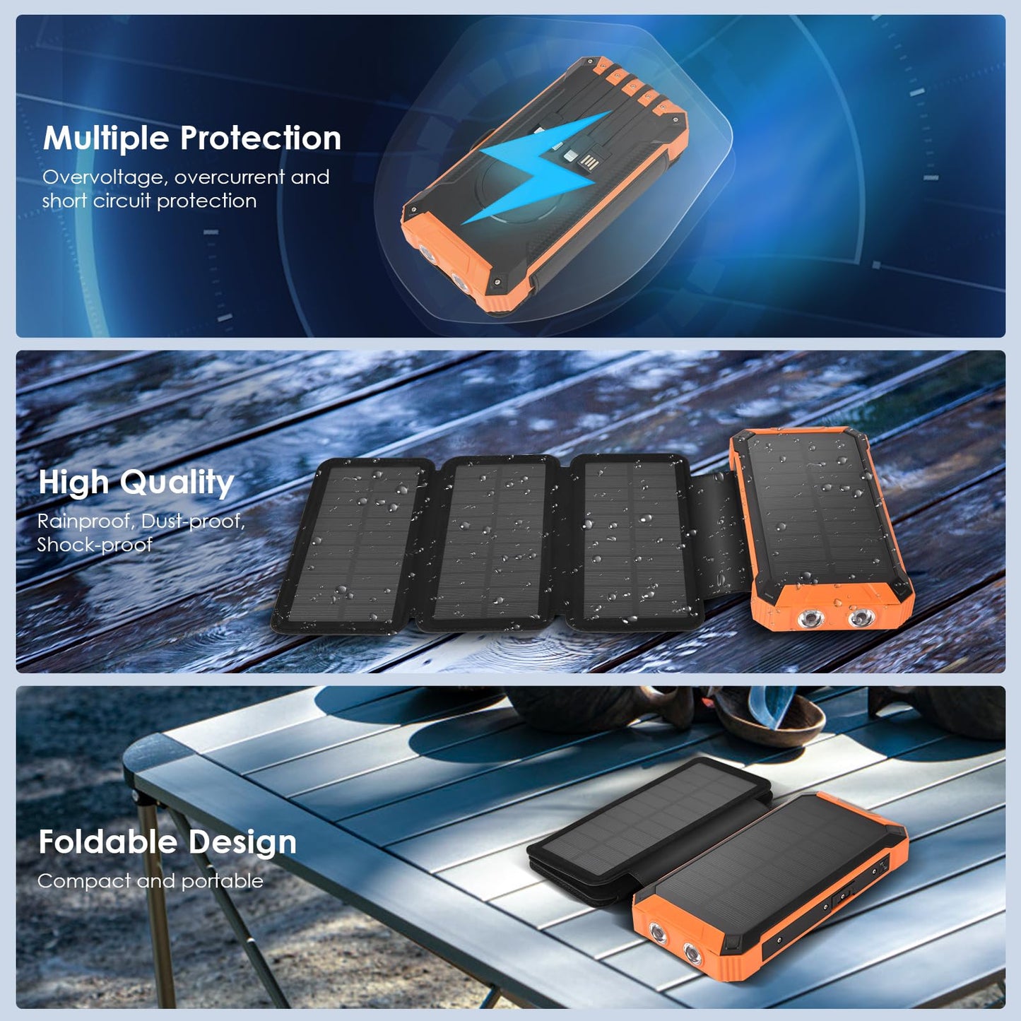 Sckolaink Solar Powerbank, 32000mAh with 4 charging cables, wireless charging, USB/Type-C input, 2 outputs, LED flashlight. Solar charger for phones and tablets.