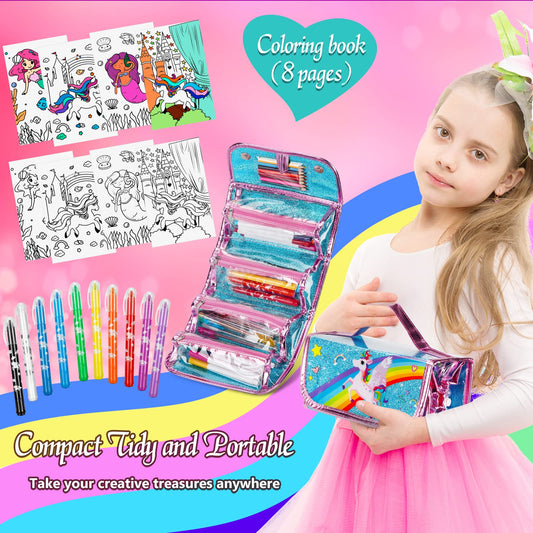Auney art set for kids 3-9 years old, includes drawing supplies like glitter pens, markers, colored pencils, and gel pens. Perfect unicorn gift for girls.