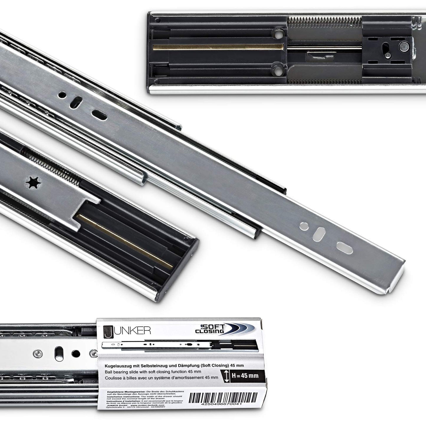 Junker 2 pairs of full extension slides KV1-45-H45-L500-SC 500mm with self-closing and damping (SoftClose) telescopic rails with a 45kg load capacity.