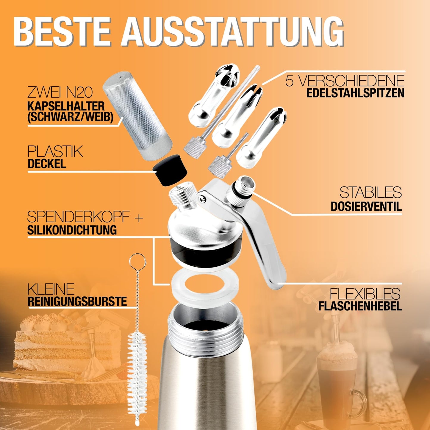 Thiru Cream Whipper incl. Stainless Steel Toolbox 500ml - Rating "excellent" - 100 days trial - Cream siphon with eBook & 5 stainless steel nozzles - Cream siphon for whipped cream, espuma & warm dishes.