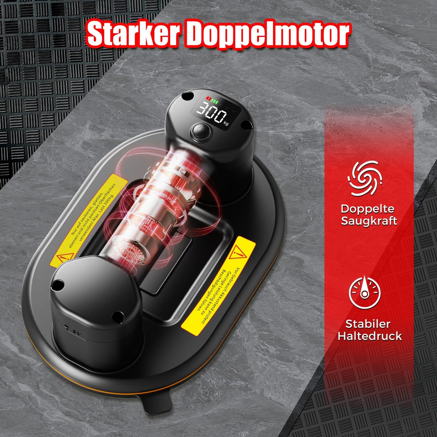 JUYLTOOL 24cm battery suction lifter with 300KG suction power, 2 motors, battery vacuum suction lifter tile lifter glass suction cup with auto re-suction function & LCD display for suction power & battery life, 4000 mAh battery