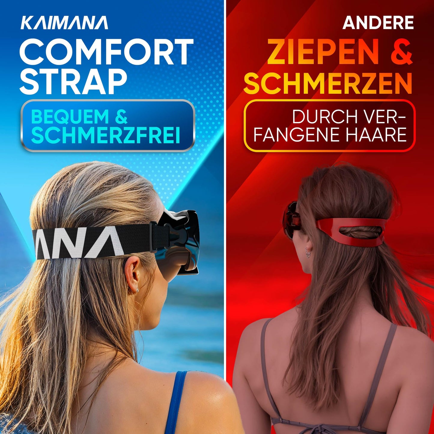 KAIMANA® Snorkel Set for adults with tempered safety glass (diving mask & dry snorkel), Comfortable adult diving mask with silicone or fabric strap.