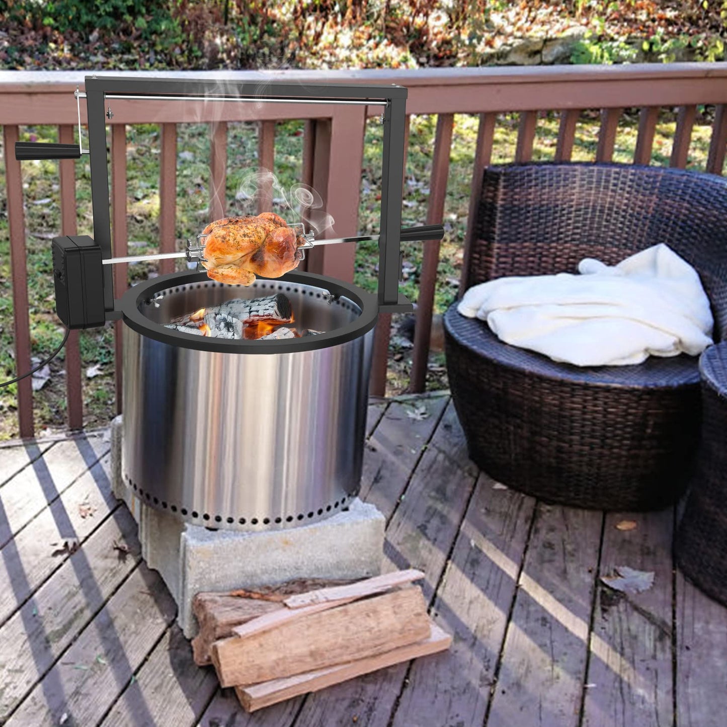 onlyfire Portable Rotisserie Kit for Solo Stove Bonfire 49.6cm Fire Pit, Rotisserie with Motor, 2 Meat Forks, and Adjustable Grill Grate for Camping, Outdoor, BBQ