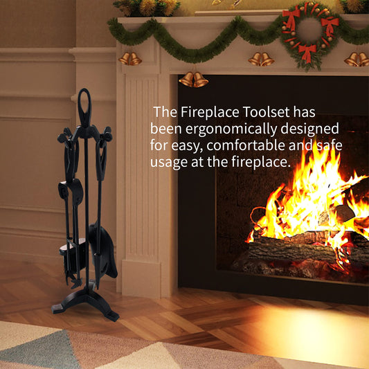 SCENDOR GARDEN 5-piece fireplace tool set made of wrought iron and interior fireplace accessories wood holder fireplace stand, black, 61 x 12 x 12.5 cm